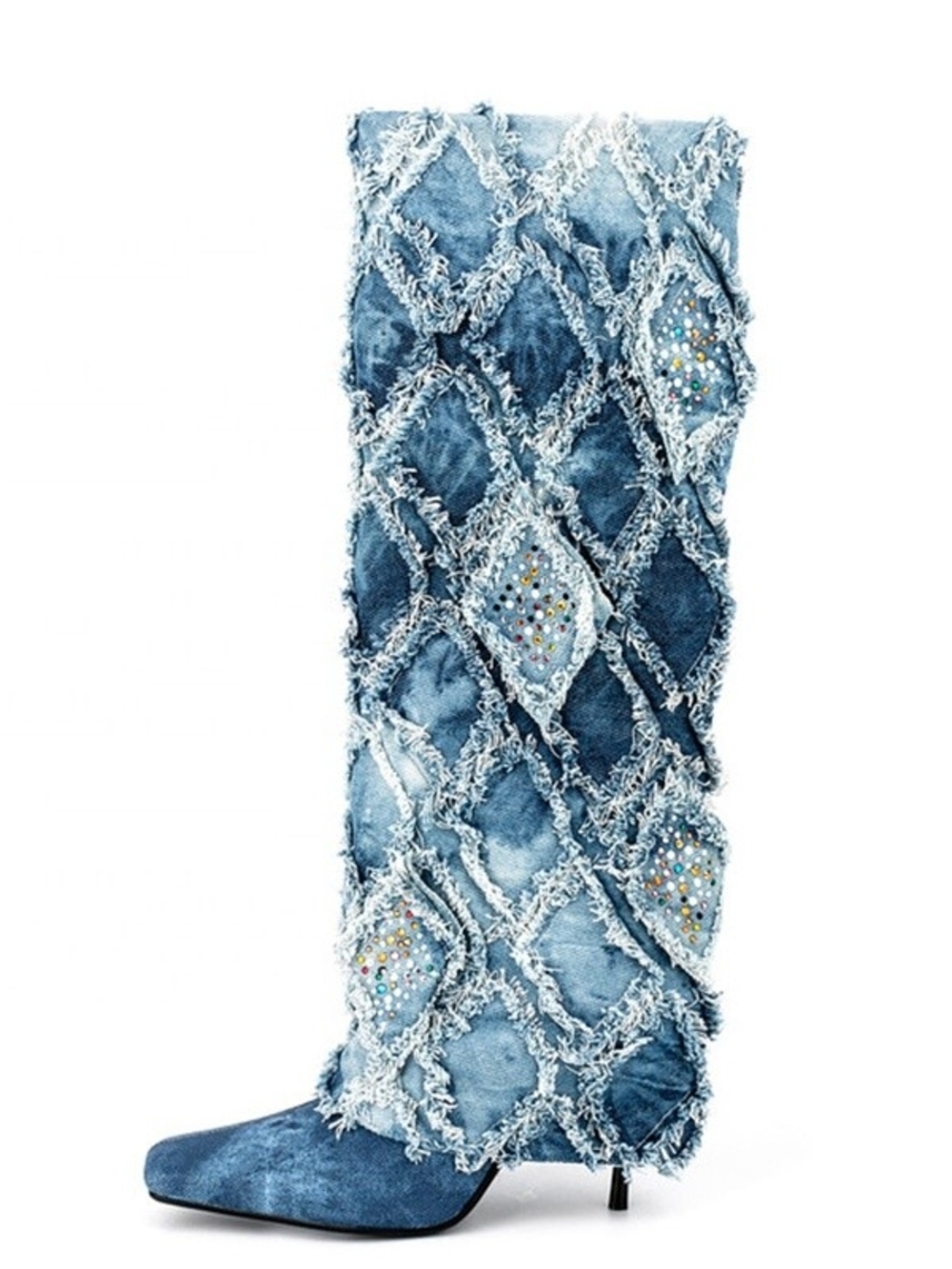 Cape Robbin Distressed Blue Patchwork Knee-High Heeled Boots. NWT Size 7